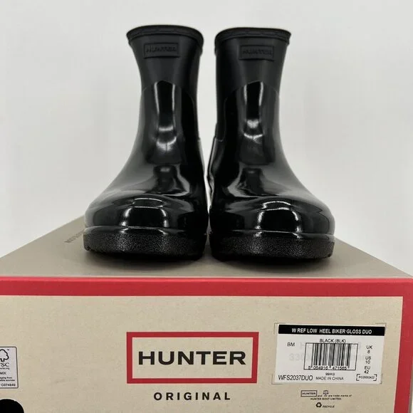 NWB HUNTER Women Refined Low Heel Biker Rubber Black Gloss Rain Boot Duo Size 10 - Picture 2 of 13